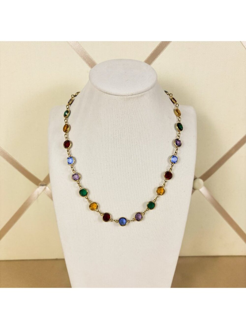 VTG Austrian Crystal Multicolor Faceted Open Bezel Gold Tone Necklace B80 Jewery